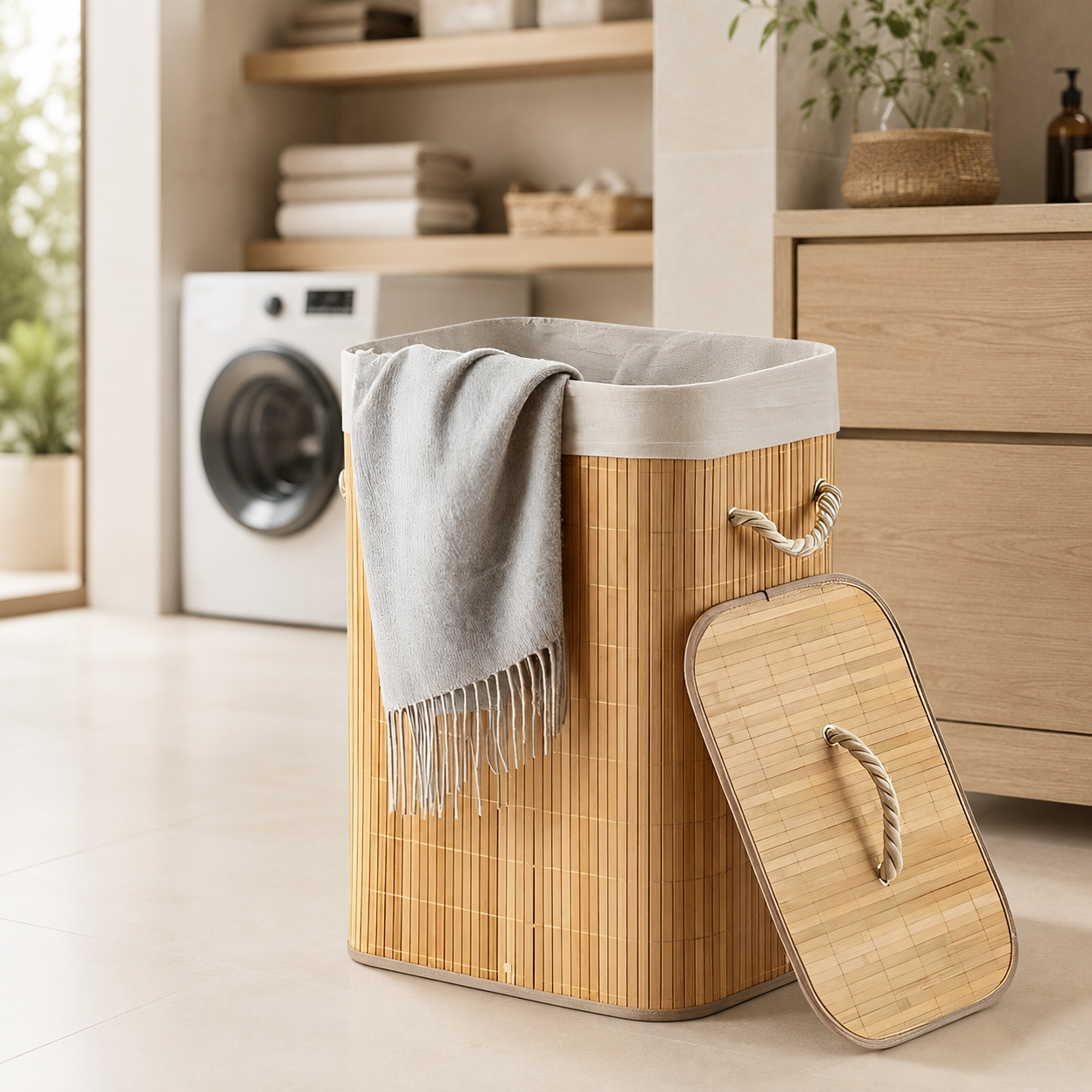 Cesto de Roupa Bambu Dobrável com Saco Removível