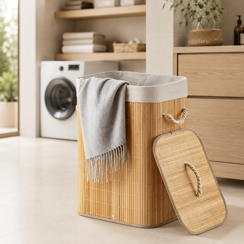 Cesto de Roupa Bambu Dobrável com Saco Removível