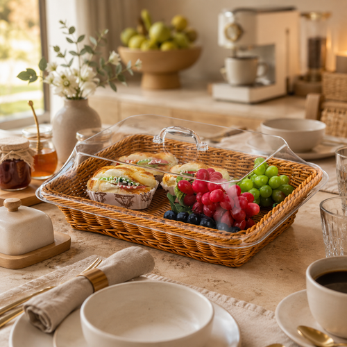 Cesta de Pão em Vime com Tampa Transparente Premium para Frutas e Pães