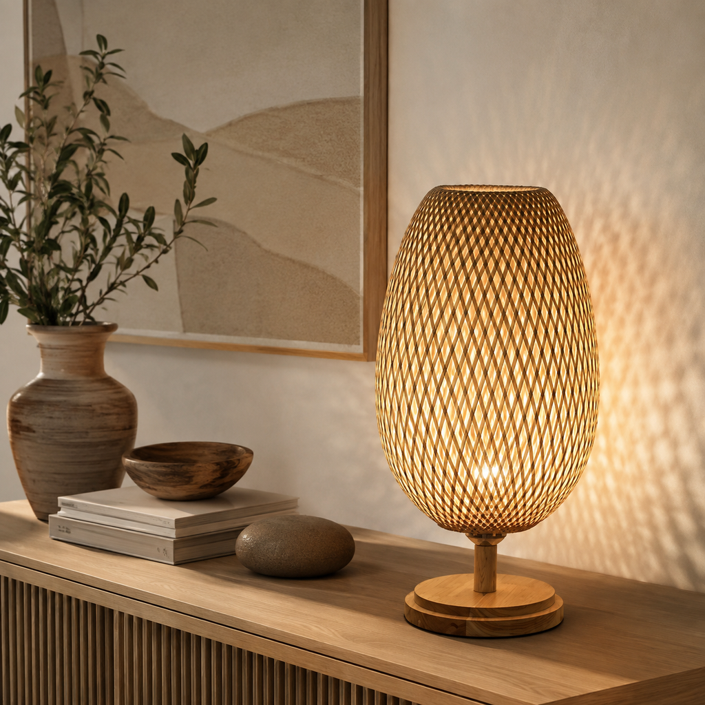 Luminária de Mesa Bambu Rattan Estilo Boho para Cabeceira e Sala