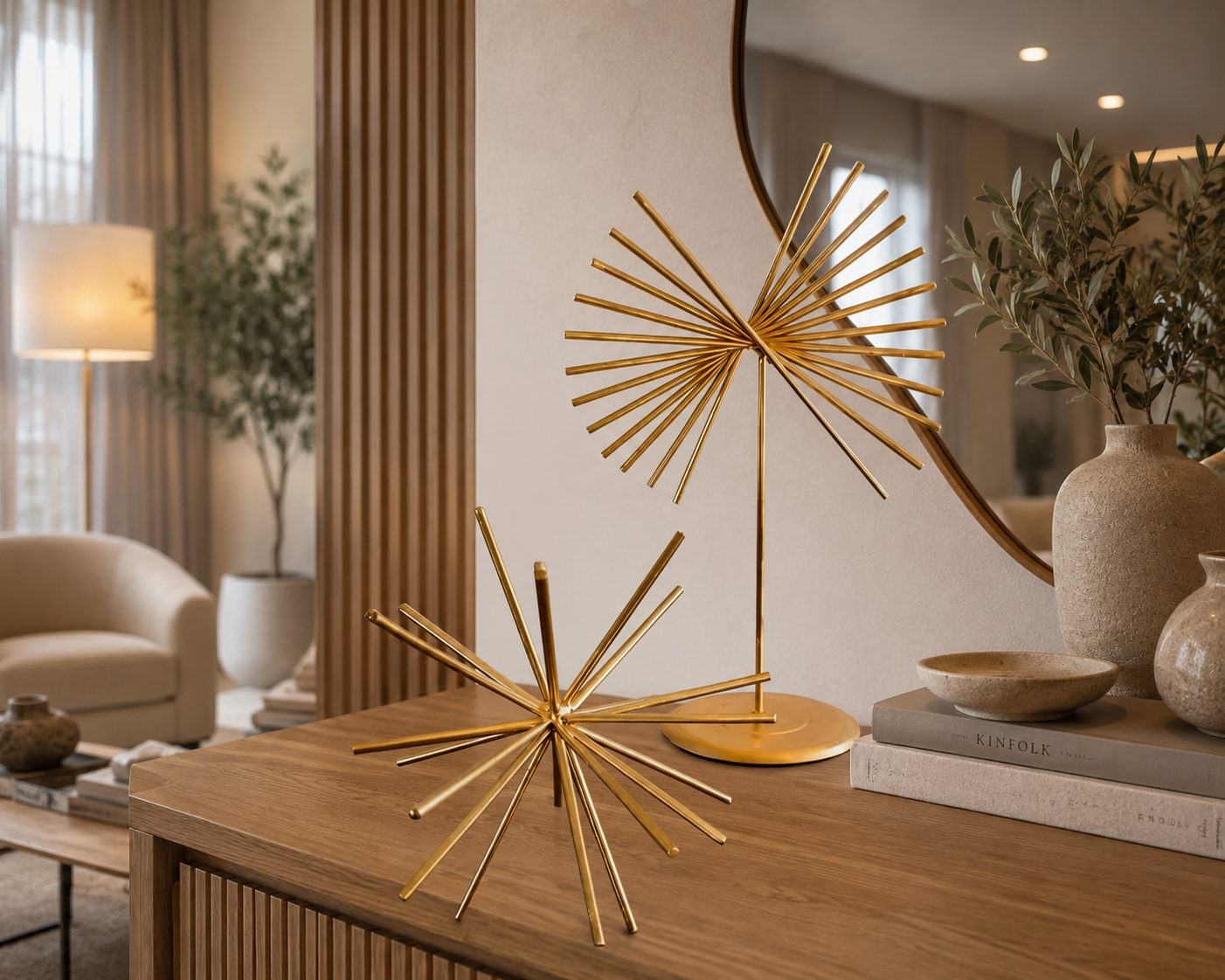 Kit Decoração Luxo Ouriço Decorativo + Escultura Ferro Dourado Sala e Escritório