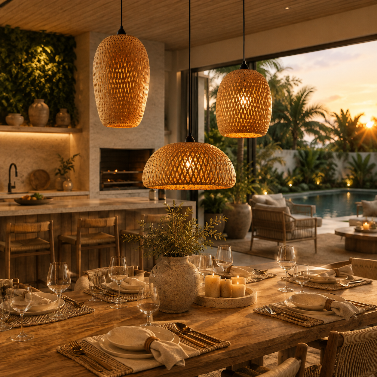 Kit 3 Lustres Pendente Bambu Rattan Artesanal Decorativo