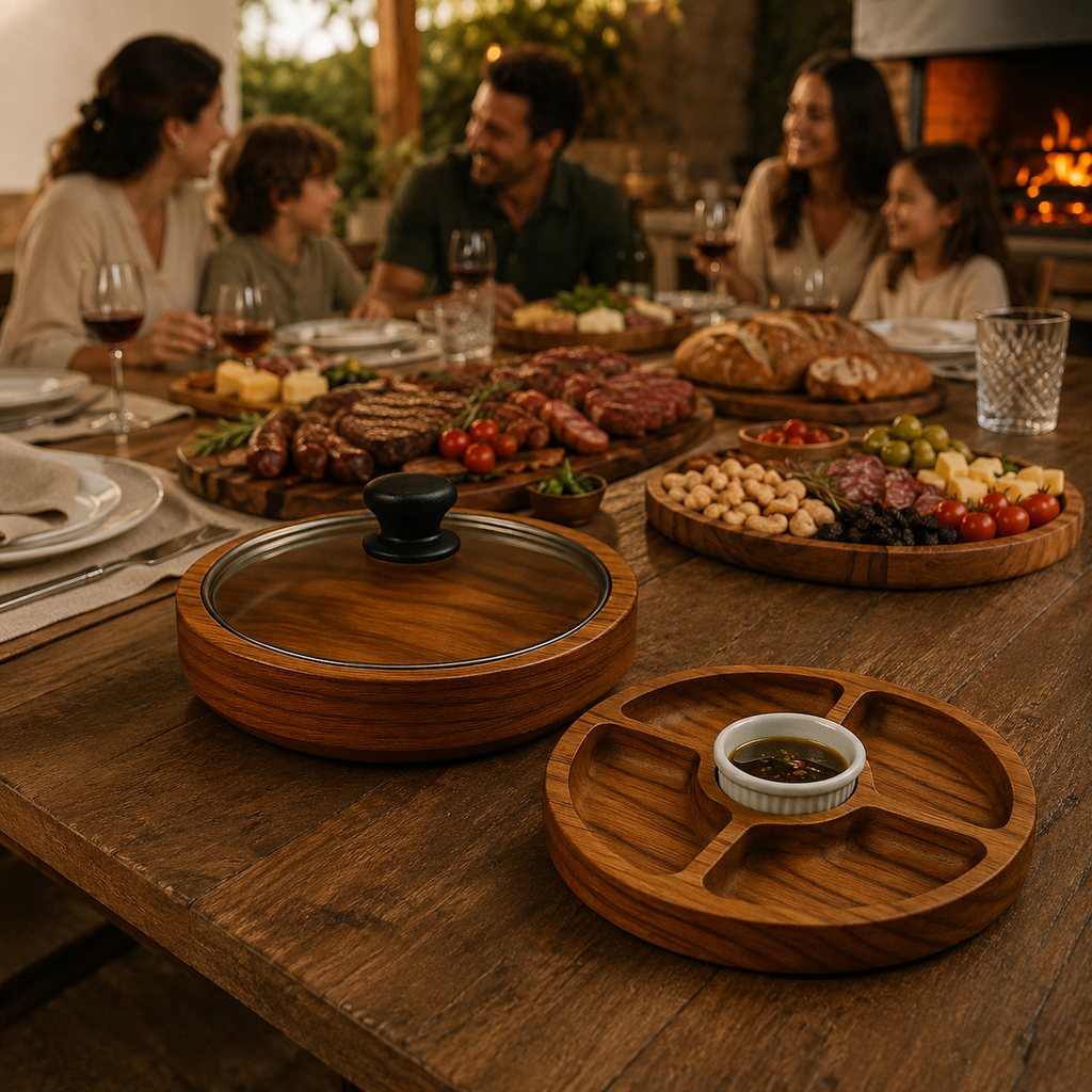 Gamela Gourmet para Churrasco em Madeira com Tampa de Vidro e Petisqueira