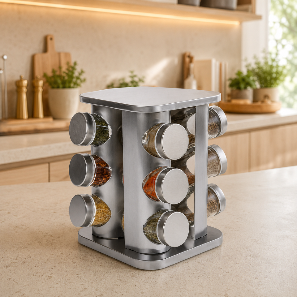 Porta Temperos e Condimentos Inox Giratório 360º 12 Potes de Vidro