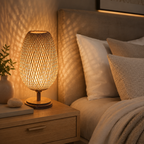 Luminária de Mesa Bambu Rattan Estilo Boho para Cabeceira e Sala