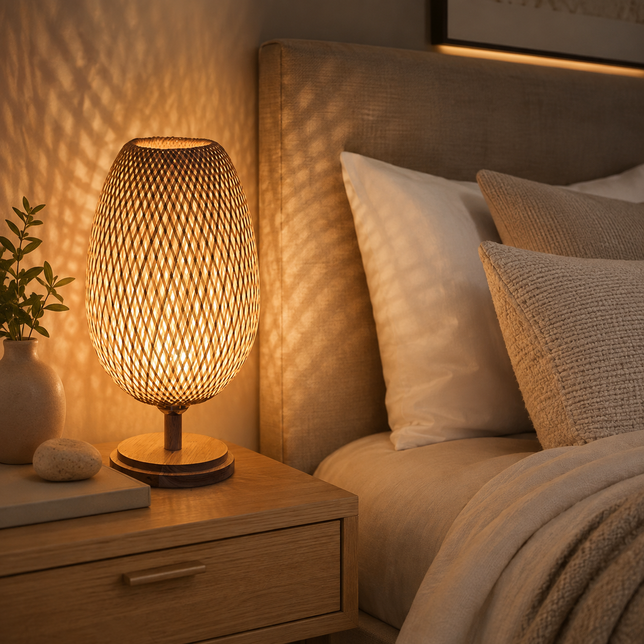 Luminária de Mesa Bambu Rattan Estilo Boho para Cabeceira e Sala