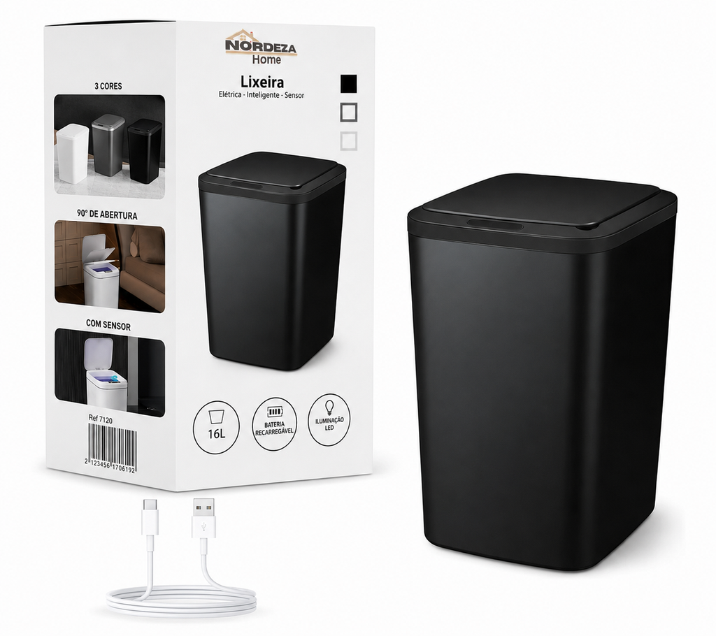 Lixeira Automática 16L com Sensor de Movimento Sem Toque Anti Odor-USB Recarregável