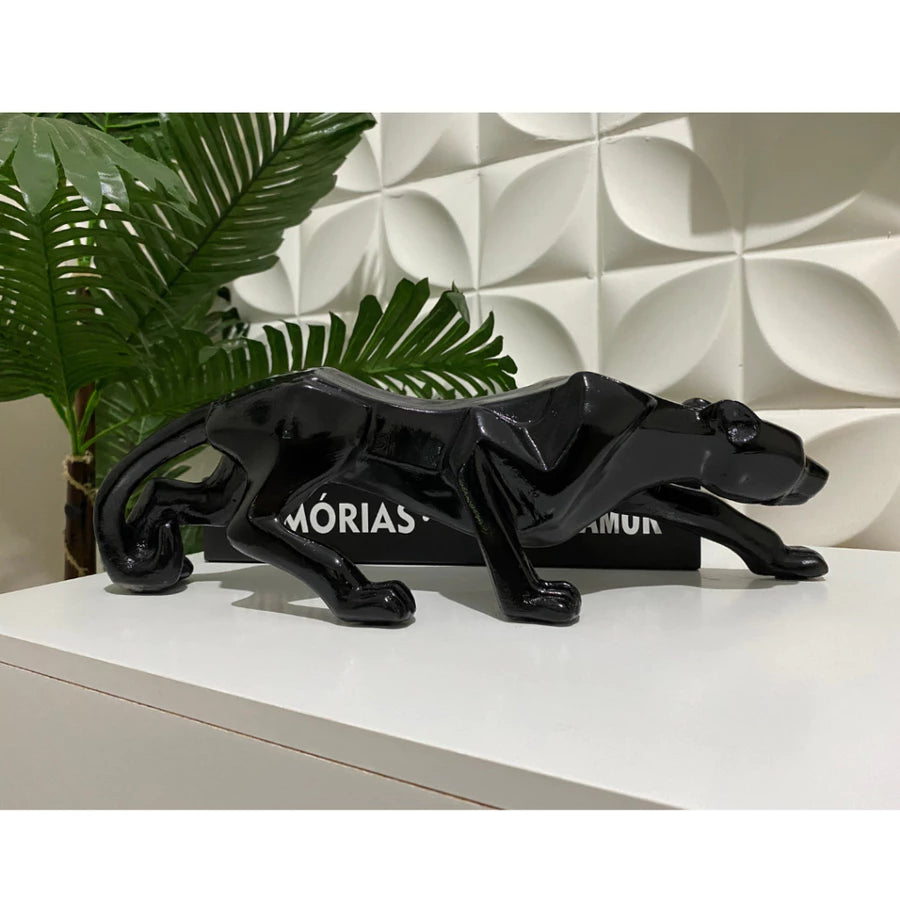 Escultura Pantera em Ataque Preto Fosco Decoração Luxo Casa Escritório