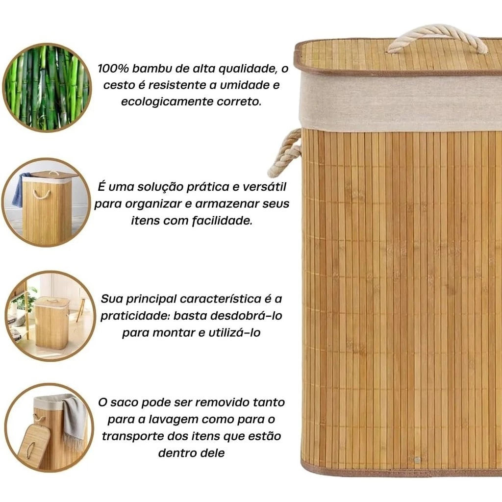 Cesto de Roupa Bambu Dobrável com Saco Removível