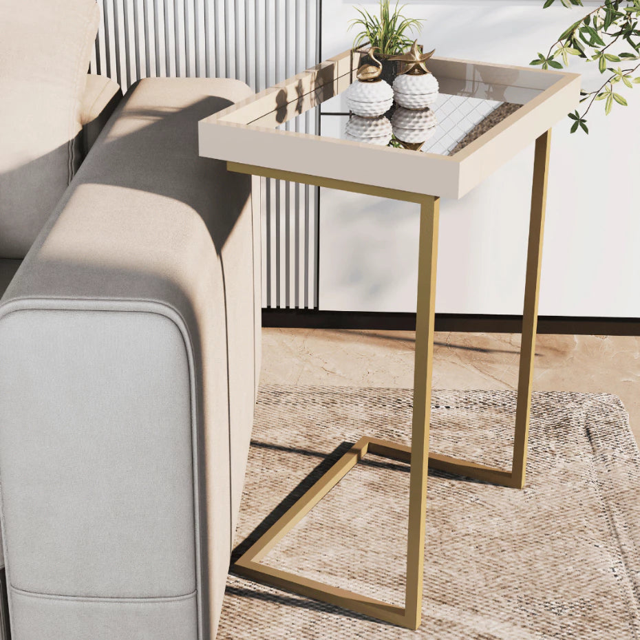 Mesa Lateral de Apoio para Sofá com Tampo Espelhado e Pés de Ferro