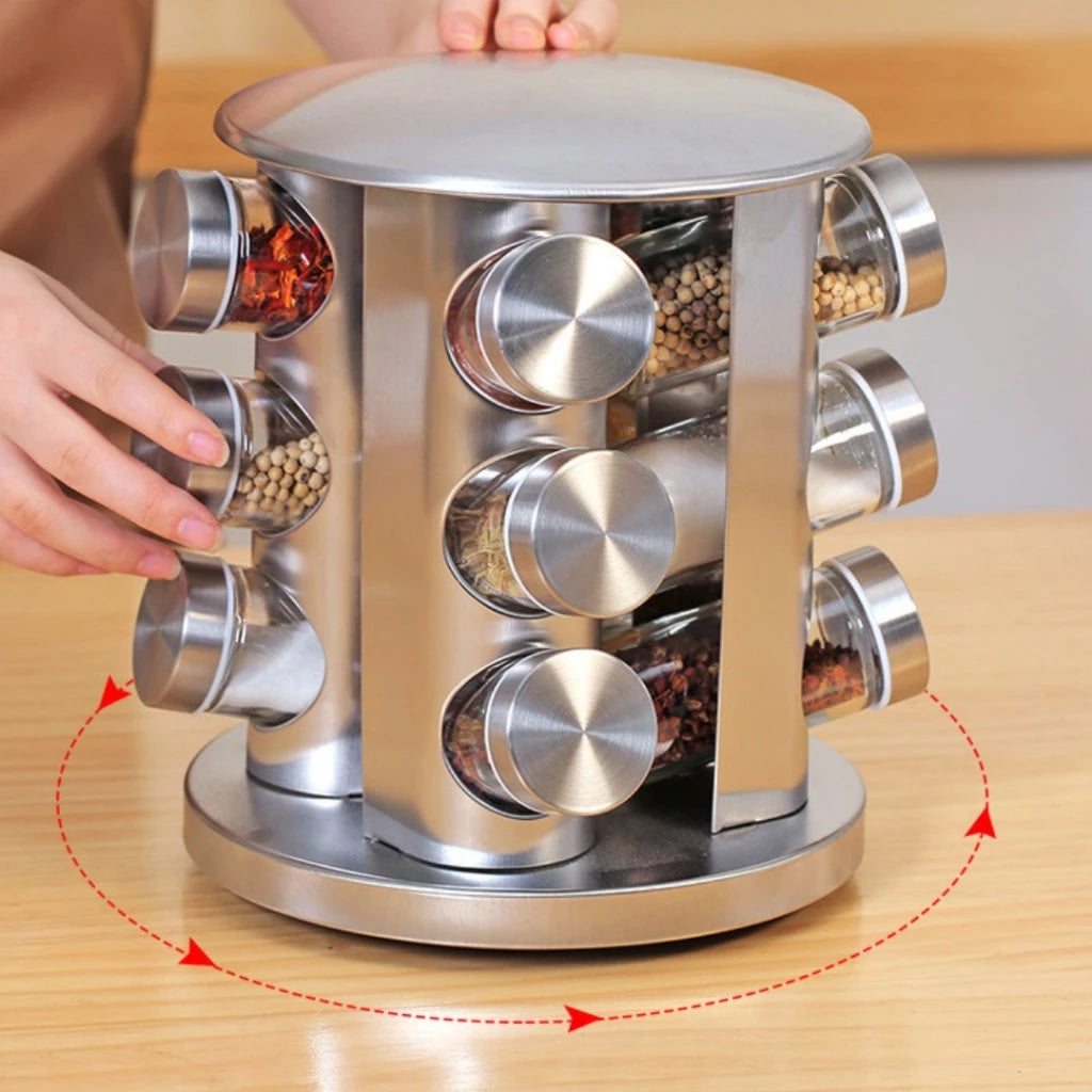 Porta Temperos e Condimentos Inox Giratório 360º 12 Potes de Vidro