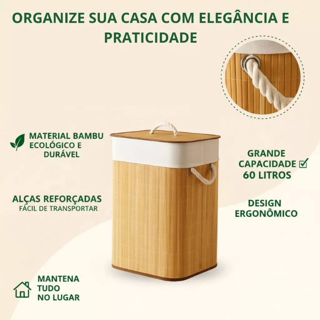 Cesto de Roupa Bambu Dobrável com Saco Removível