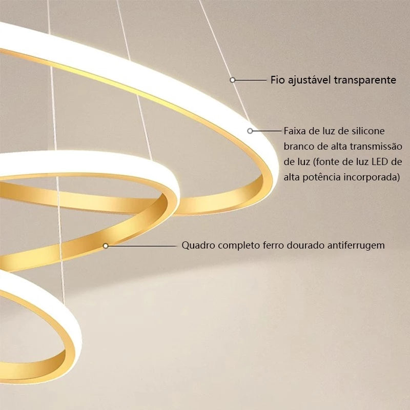 Lustre Pendente LED Minimalista 3 Anéis Design Nórdico