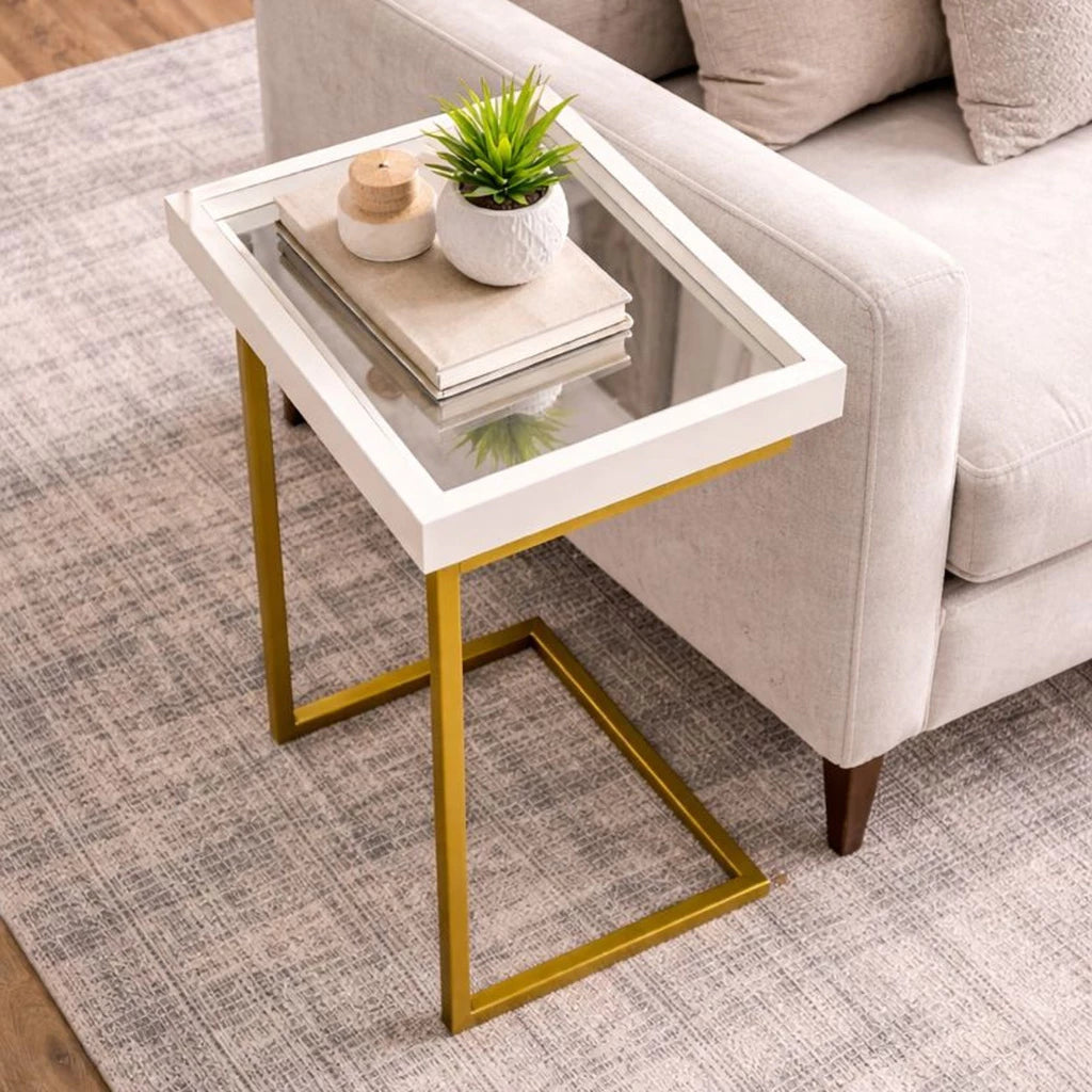 Mesa Lateral de Apoio para Sofá com Tampo Espelhado e Pés de Ferro