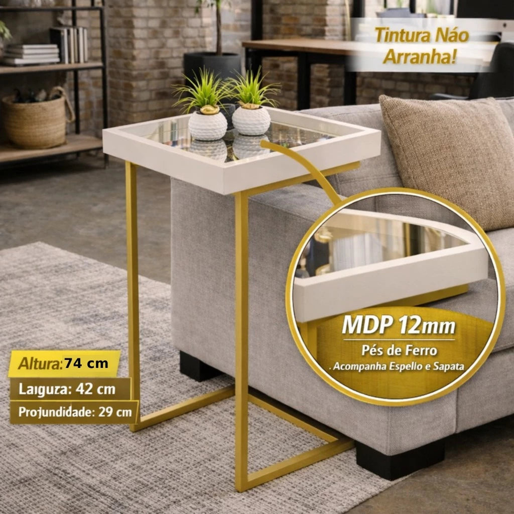 Mesa Lateral de Apoio para Sofá com Tampo Espelhado e Pés de Ferro
