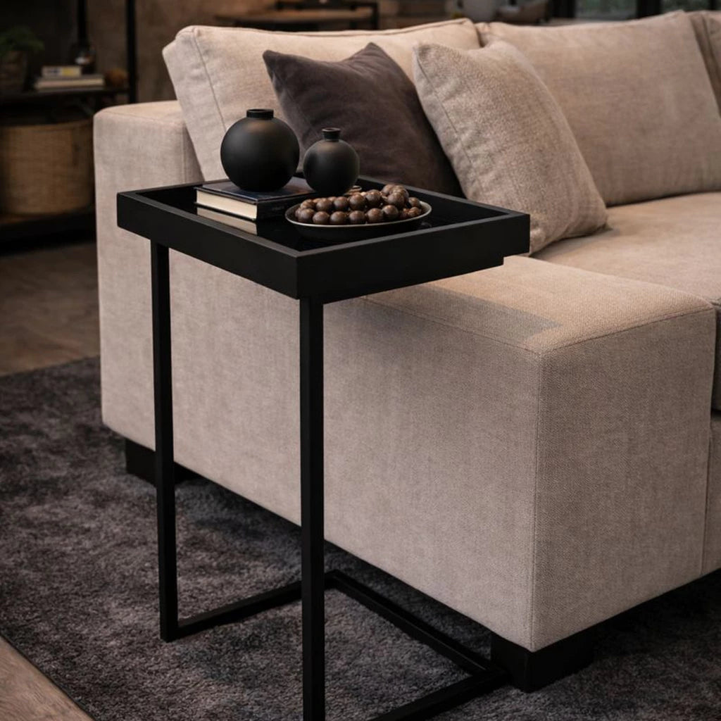 Mesa Lateral de Apoio para Sofá com Tampo Espelhado e Pés de Ferro