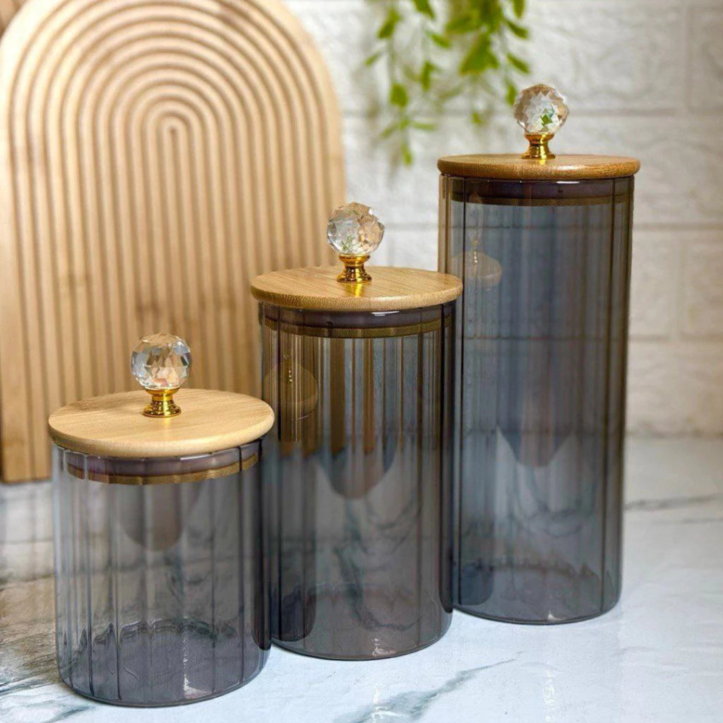 Conjunto de Potes Herméticos de Vidro Borossilicato  Tampa Bambu para Mantimentos