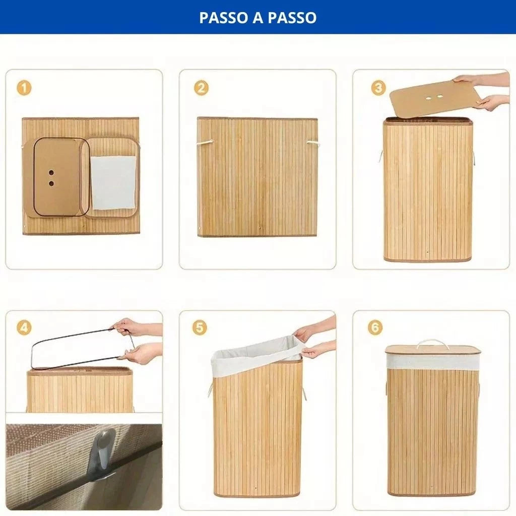 Cesto de Roupa Bambu Dobrável com Saco Removível