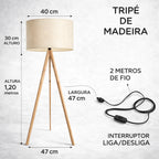 Abajur de Chão Tripé em Madeira com Cúpula de Linho Bivolt