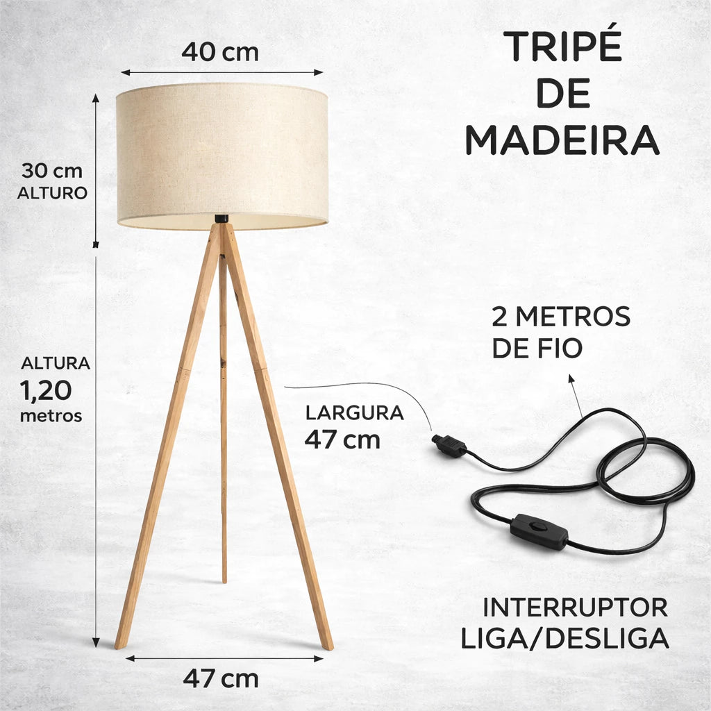 Abajur de Chão Tripé em Madeira com Cúpula de Linho Bivolt