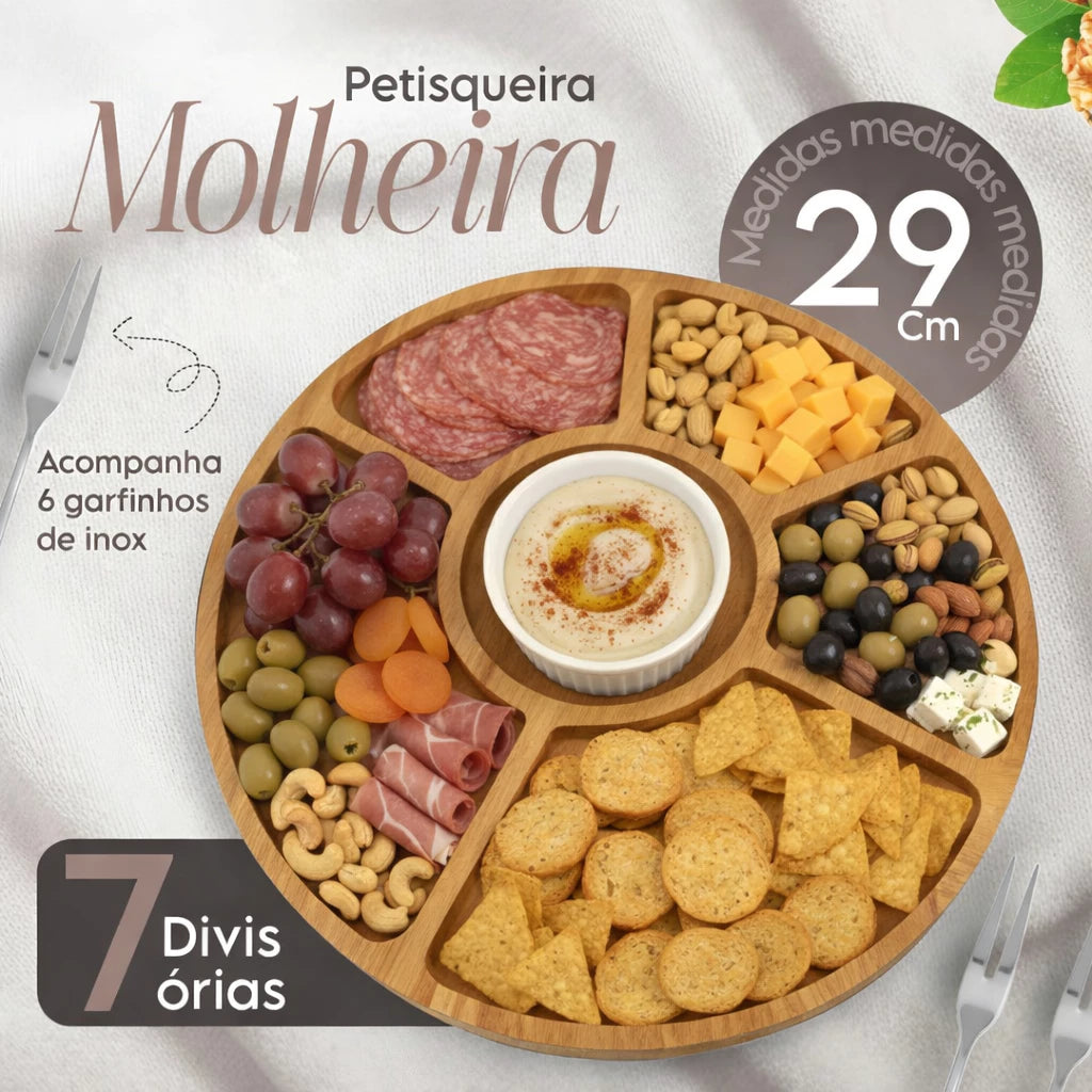 Kit Petisqueira Redonda Para Frios Com Molheira e Garfos para Petiscos