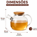 Chaleira de Vidro Borossilicato 1000ml com Filtro Inox e Tampa Bambu
