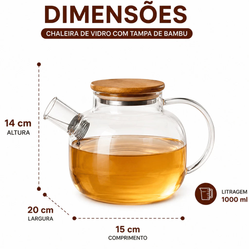 Chaleira de Vidro Borossilicato 1000ml com Filtro Inox e Tampa Bambu