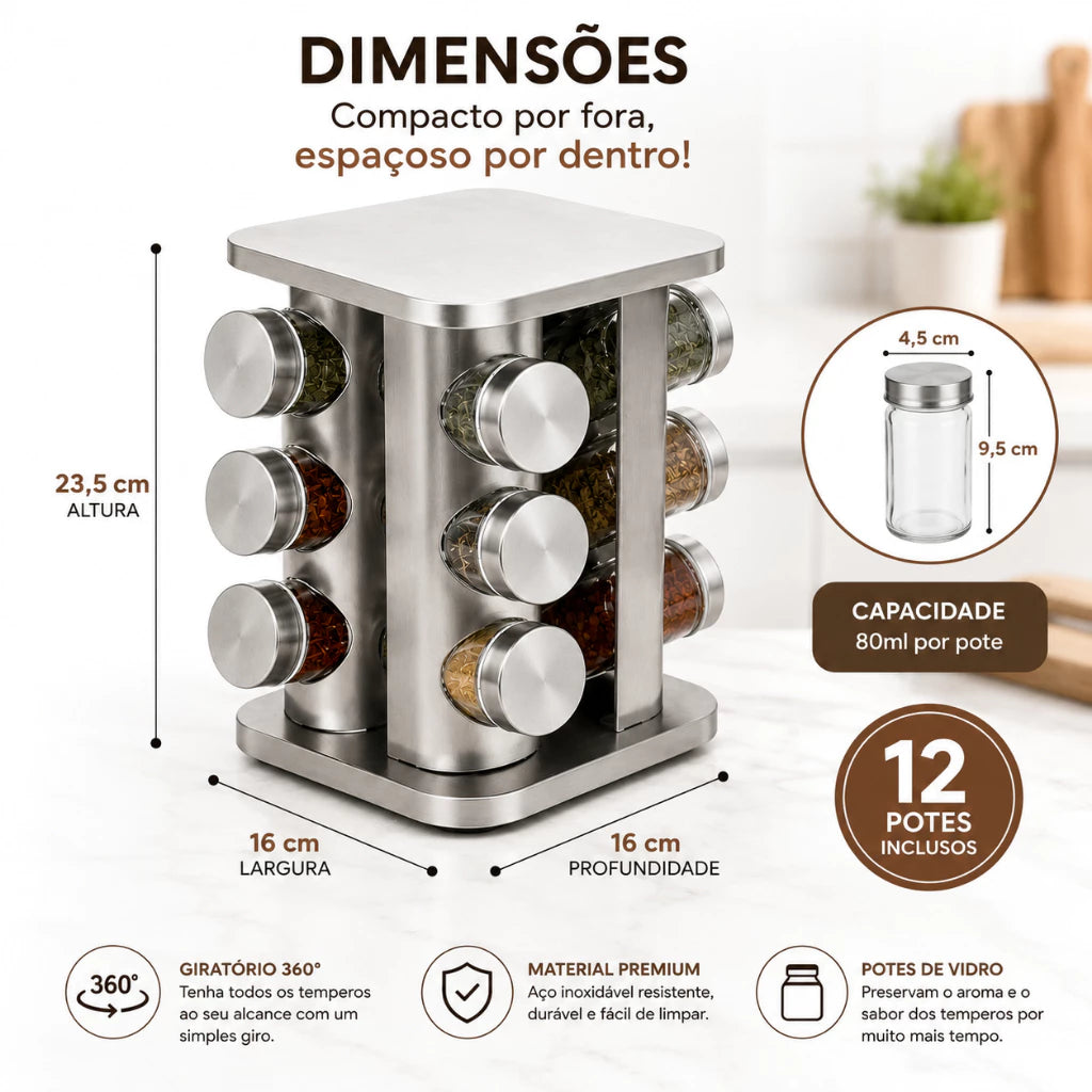 Porta Temperos e Condimentos Inox Giratório 360º 12 Potes de Vidro