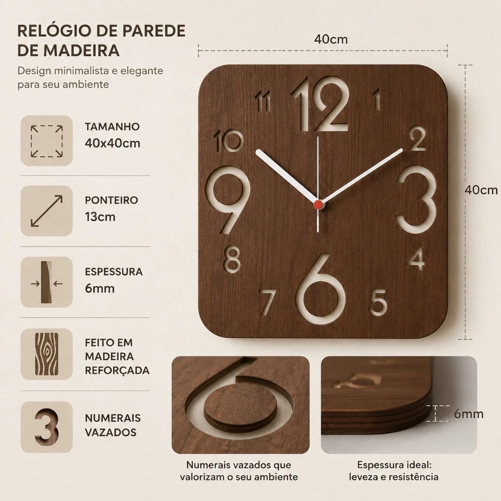 Relógio de Parede  Madeira Minimalista Moderno Sala Cozinha Escritório 40cm