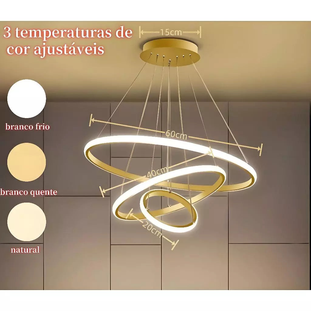 Lustre Pendente LED Minimalista 3 Anéis Design Nórdico