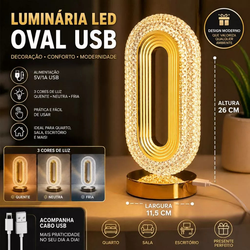 Luminária LED Oval USB 3 Cores de Luz para Quarto e Sala