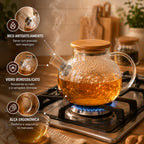 Chaleira de Vidro Borossilicato 1000ml com Filtro Inox e Tampa Bambu