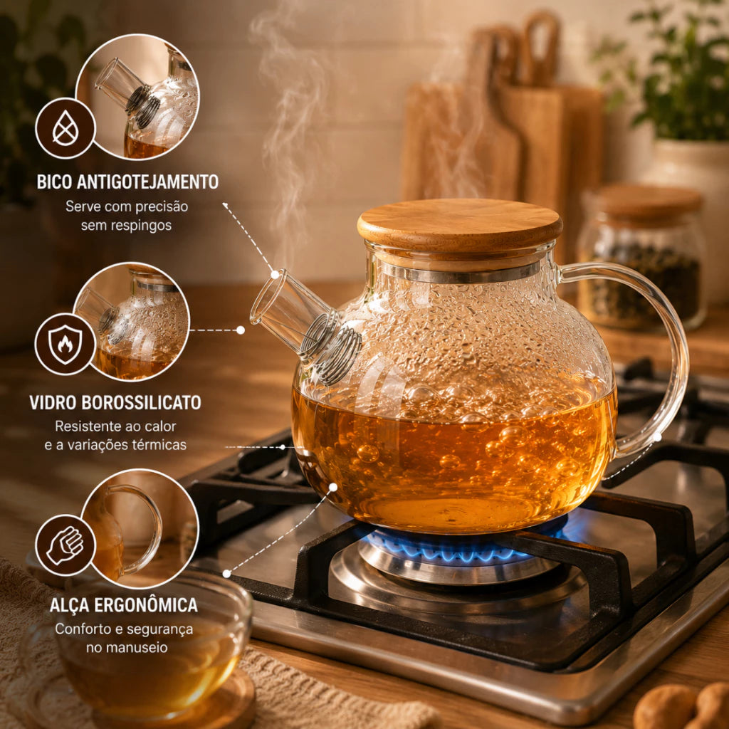 Chaleira de Vidro Borossilicato 1000ml com Filtro Inox e Tampa Bambu