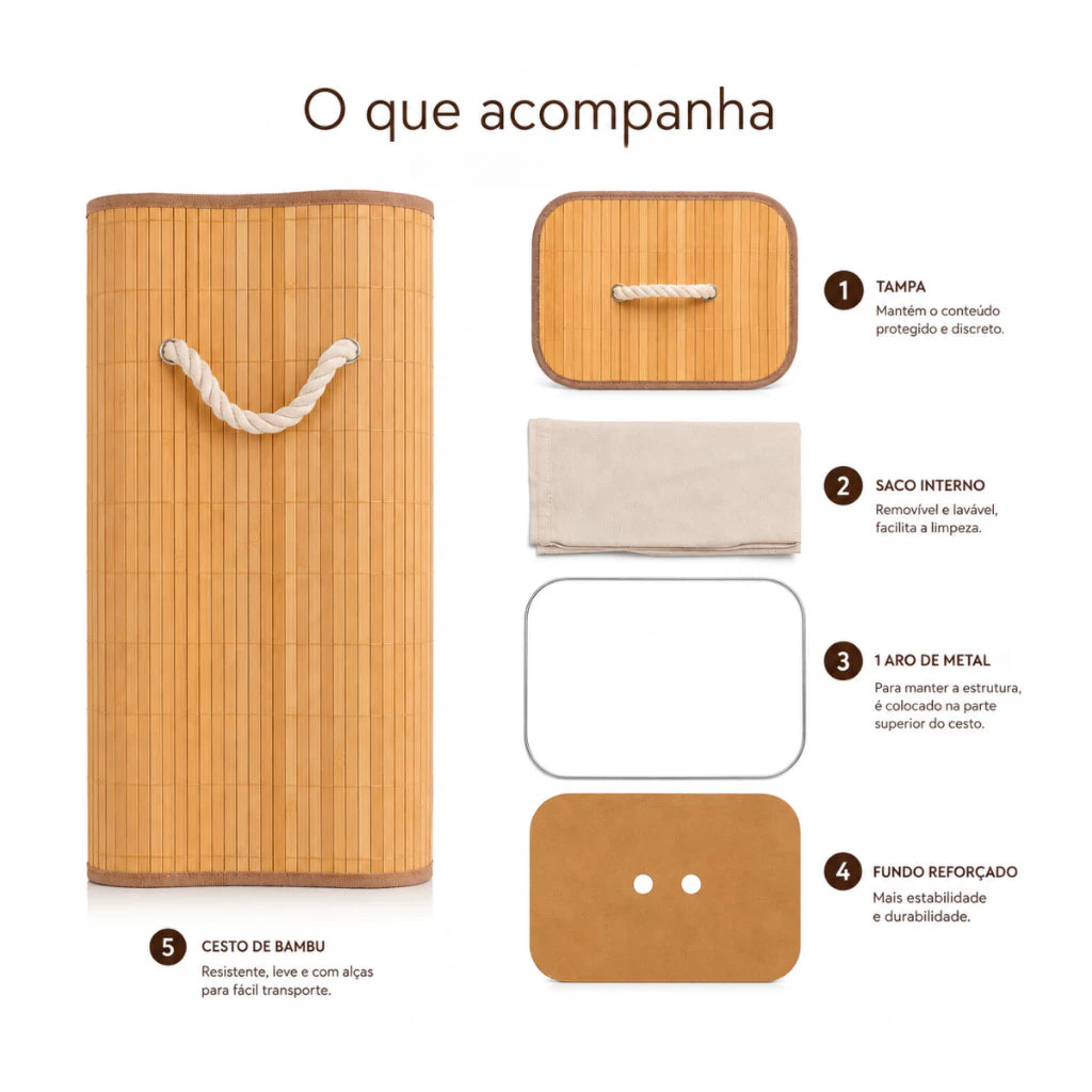 Cesto de Roupa Bambu Dobrável com Saco Removível
