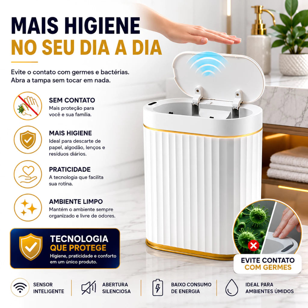Lixeira Automática Luxo com Sensor de Movimento e Fechamento Inteligente 7 Litros