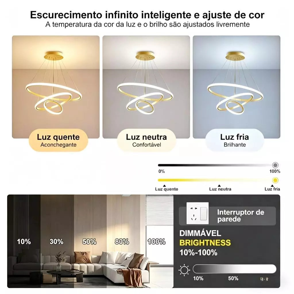 Lustre Pendente LED Minimalista 3 Anéis Design Nórdico