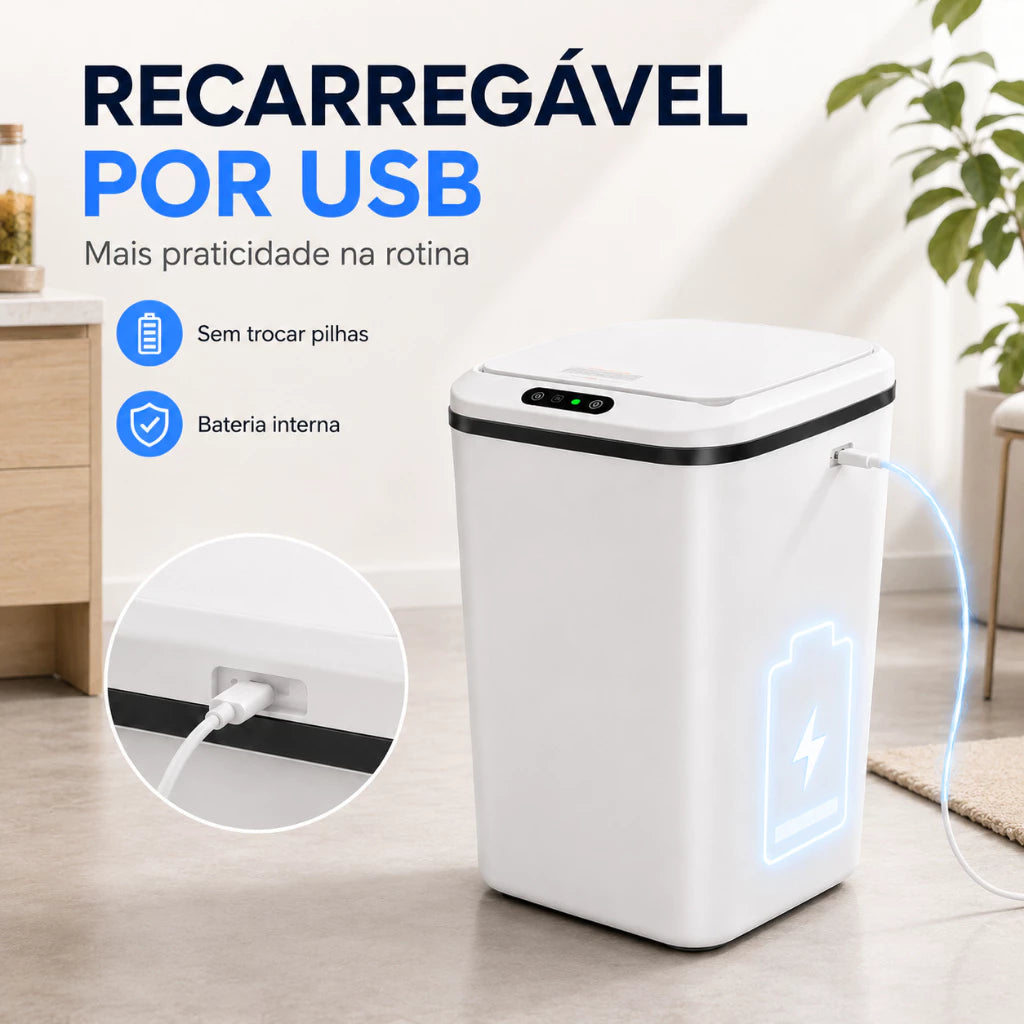 Lixeira Automática 16L com Sensor de Movimento Sem Toque Anti Odor-USB Recarregável