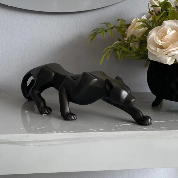 Escultura Pantera em Ataque Preto Fosco Decoração Luxo Casa Escritório