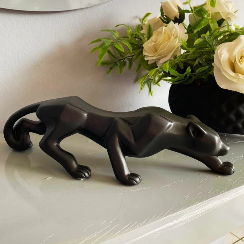 Escultura Pantera em Ataque Preto Fosco Decoração Luxo Casa Escritório