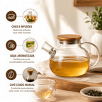 Chaleira de Vidro Borossilicato 1000ml com Filtro Inox e Tampa Bambu