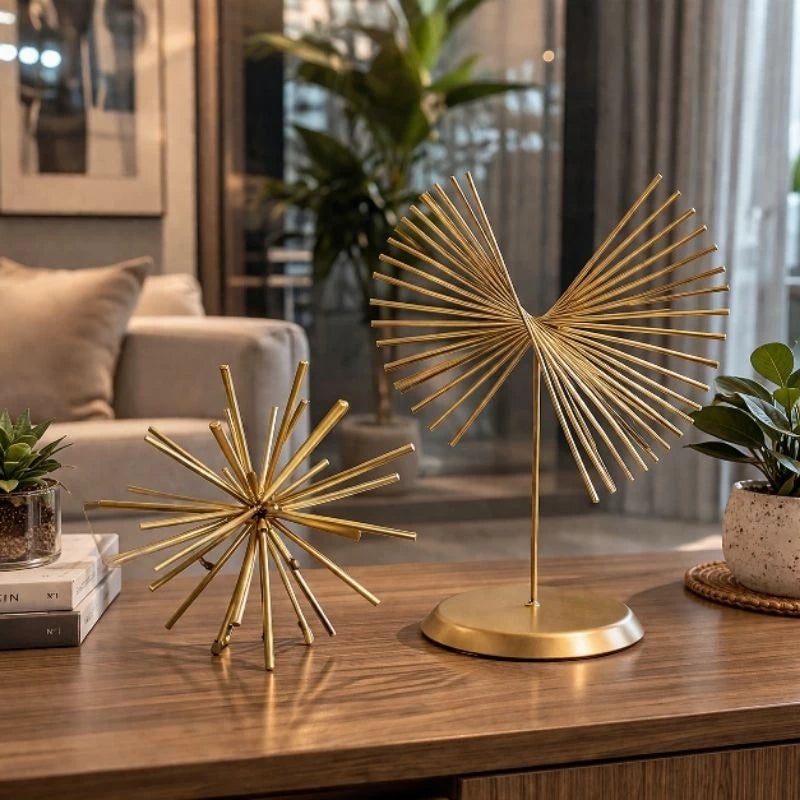 Kit Decoração Luxo Ouriço Decorativo + Escultura Ferro Dourado Sala e Escritório