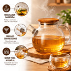 Chaleira de Vidro Borossilicato 1000ml com Filtro Inox e Tampa Bambu