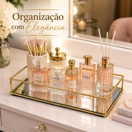 Bandeja Espelhada Retangular Decorativa em Metal