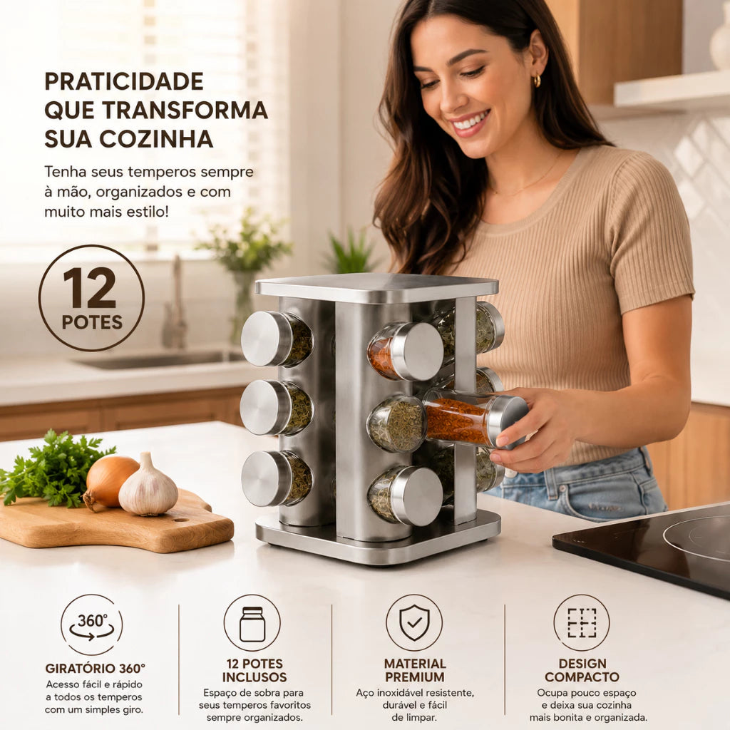Porta Temperos e Condimentos Inox Giratório 360º 12 Potes de Vidro
