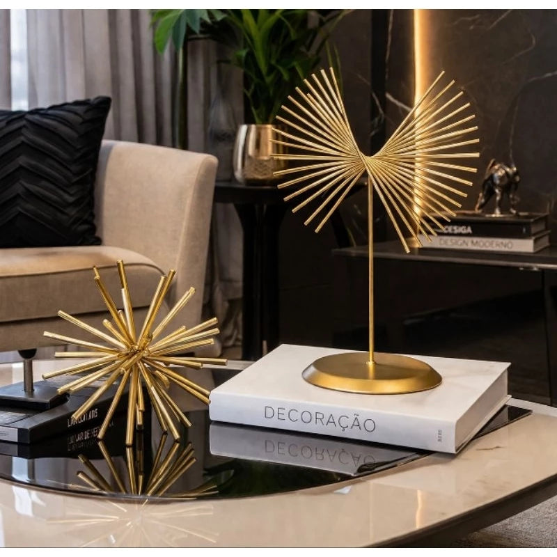 Kit Decoração Luxo Ouriço Decorativo + Escultura Ferro Dourado Sala e Escritório