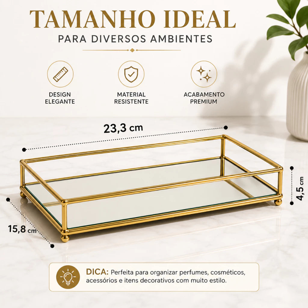 Bandeja Espelhada Retangular Decorativa em Metal