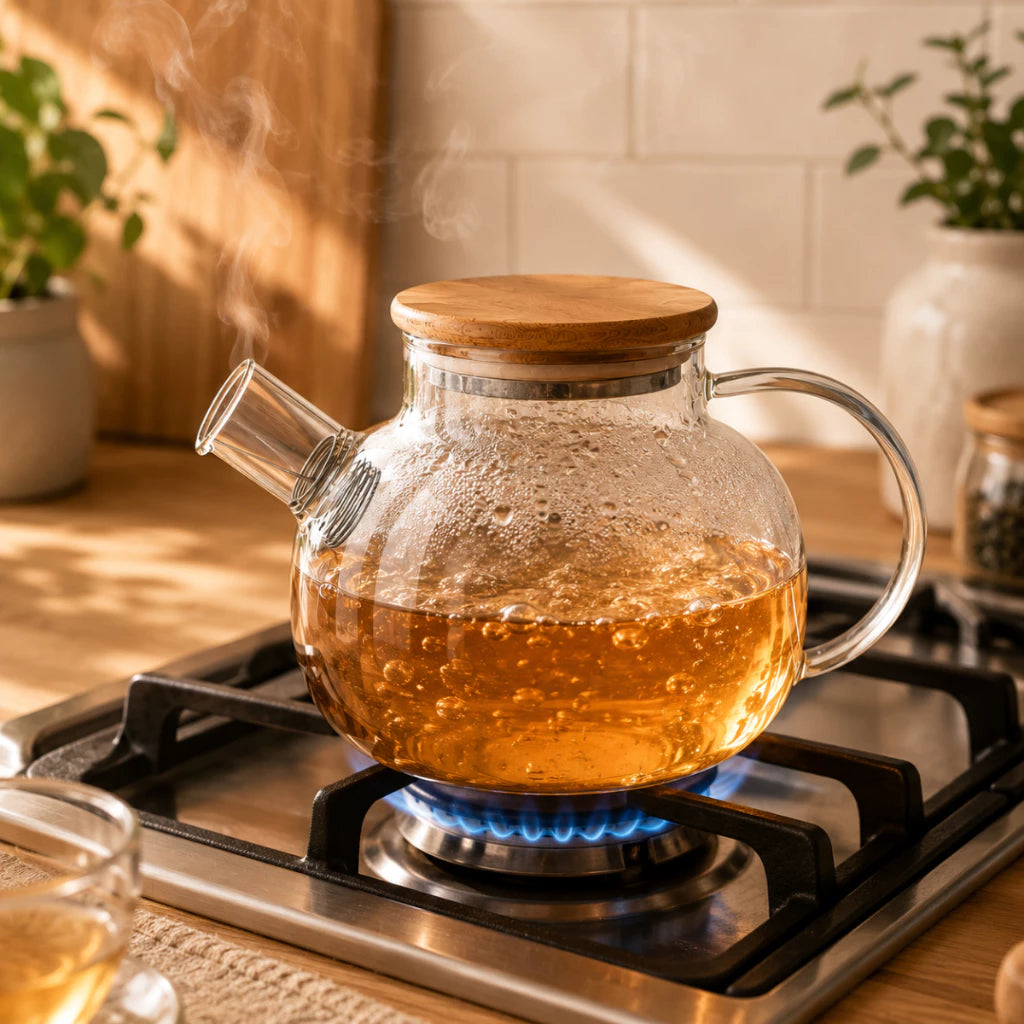 Chaleira de Vidro Borossilicato 1000ml com Filtro Inox e Tampa Bambu