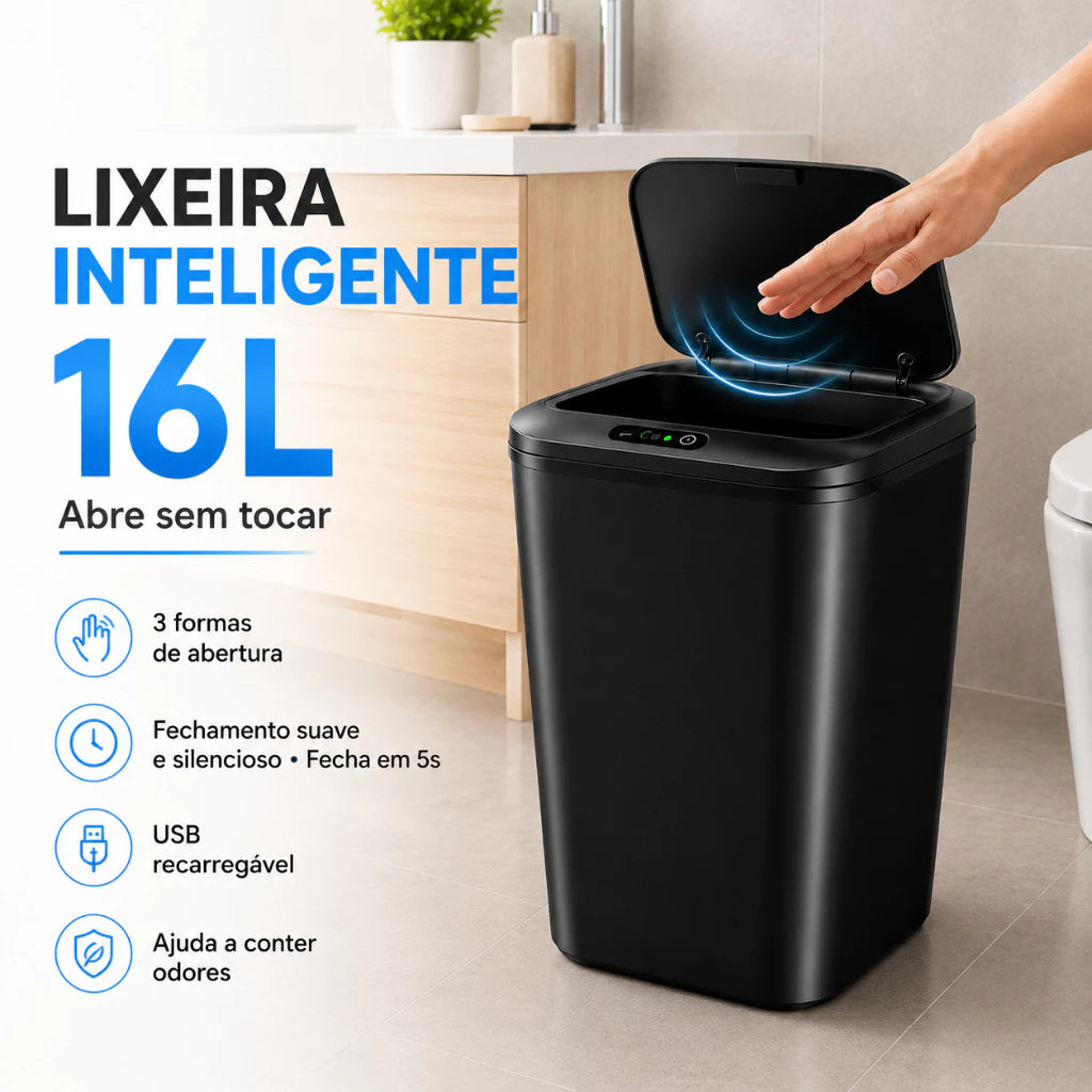 Lixeira Automática 16L com Sensor de Movimento Sem Toque Anti Odor-USB Recarregável