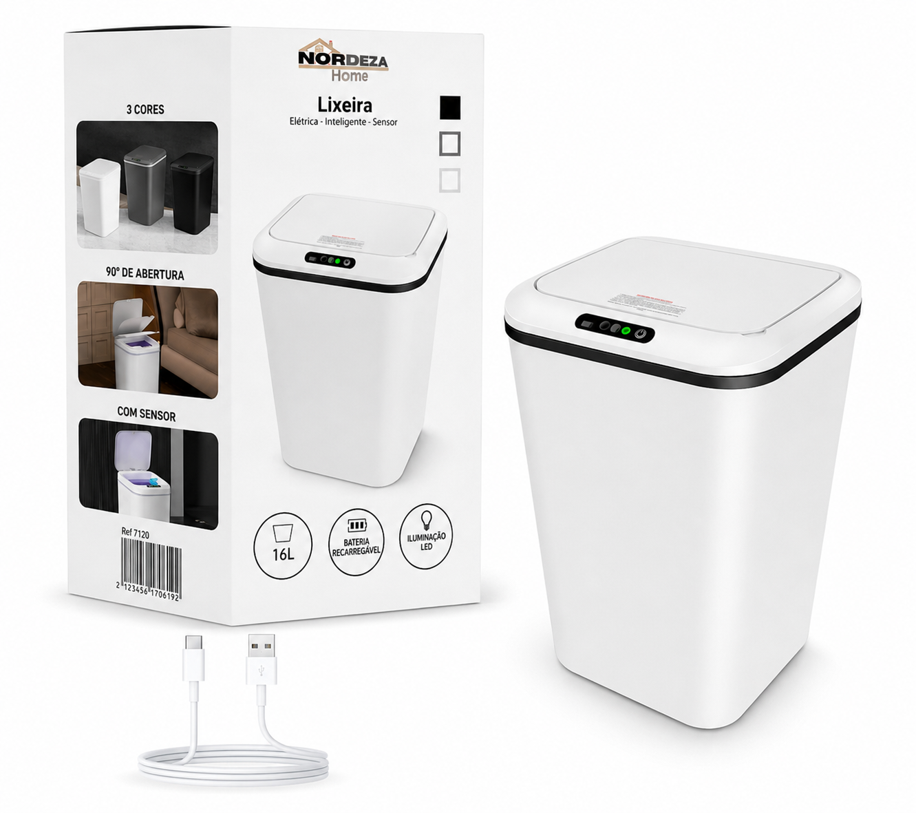 Lixeira Automática 16L com Sensor de Movimento Sem Toque Anti Odor-USB Recarregável