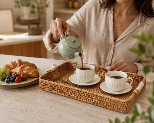 Bandeja de Rattan Elegance para Café da Manhã
